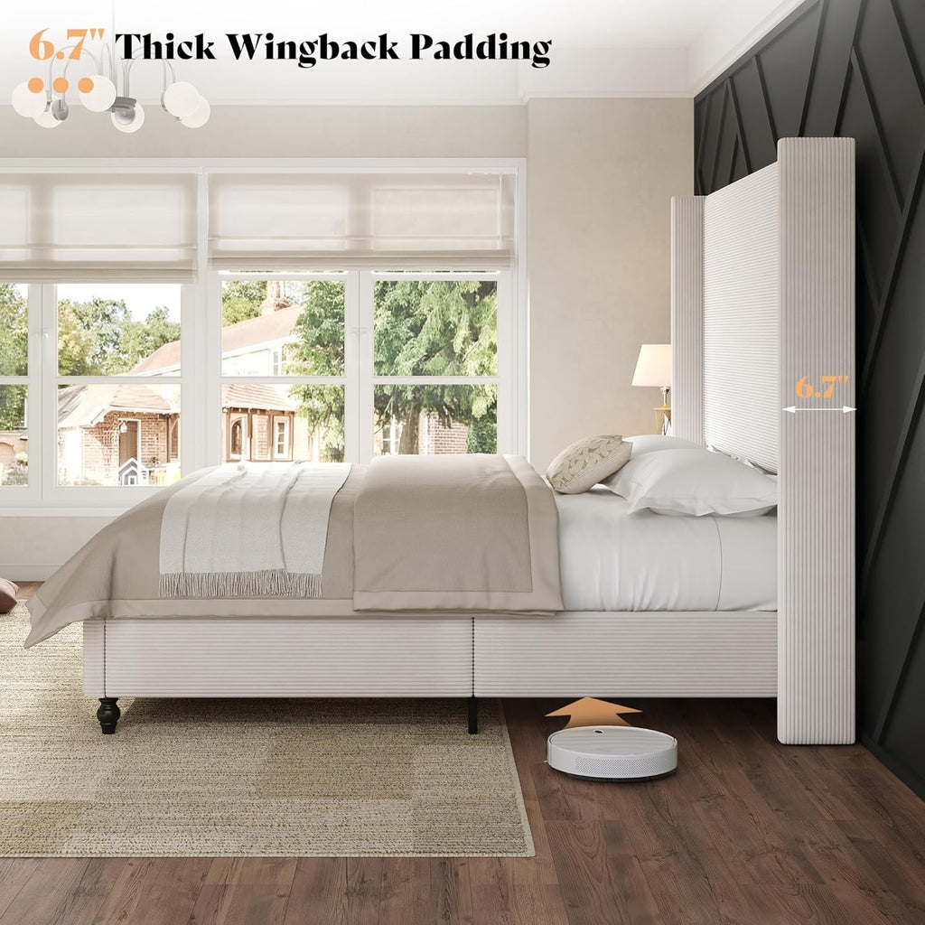 AMERLIFE King Size Bed Frame with 65" Tall Headboard, Upholstered Corduroy Bed Frame with Wingback, Platform Bed with Solid Wood Gourd Legs, Solid Slats, No Box Spring Needed, White