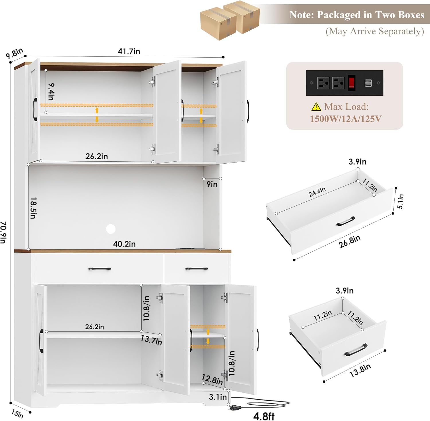 HOSTACK 71" Pantry Cabinet with Charging Station, Tall Kitchen Pantry Storage Cabinet with Microwave Stand, Farmhouse Kitchen Hutch with Storage Drawers for Living Room, Dining Room, White