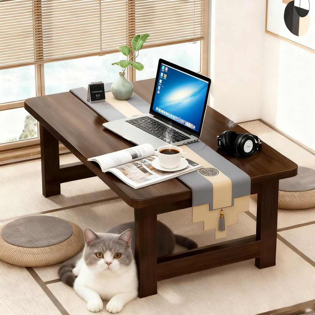 Japanese Folding Table Bamboo Japanese Floor Table Portable Solid Wood Folding Coffee Table,No Assembly Japanese Coffee Table for Sitting on The Floor,Easy Storage