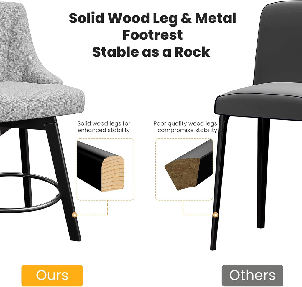 Bar Stools with Backs, 24" Counter Height Bar Stools, Fabric Upholstered Counter Barstools Set of 4 with Solid Wood Legs for Kitchen Island, Home Bar, Light Gray