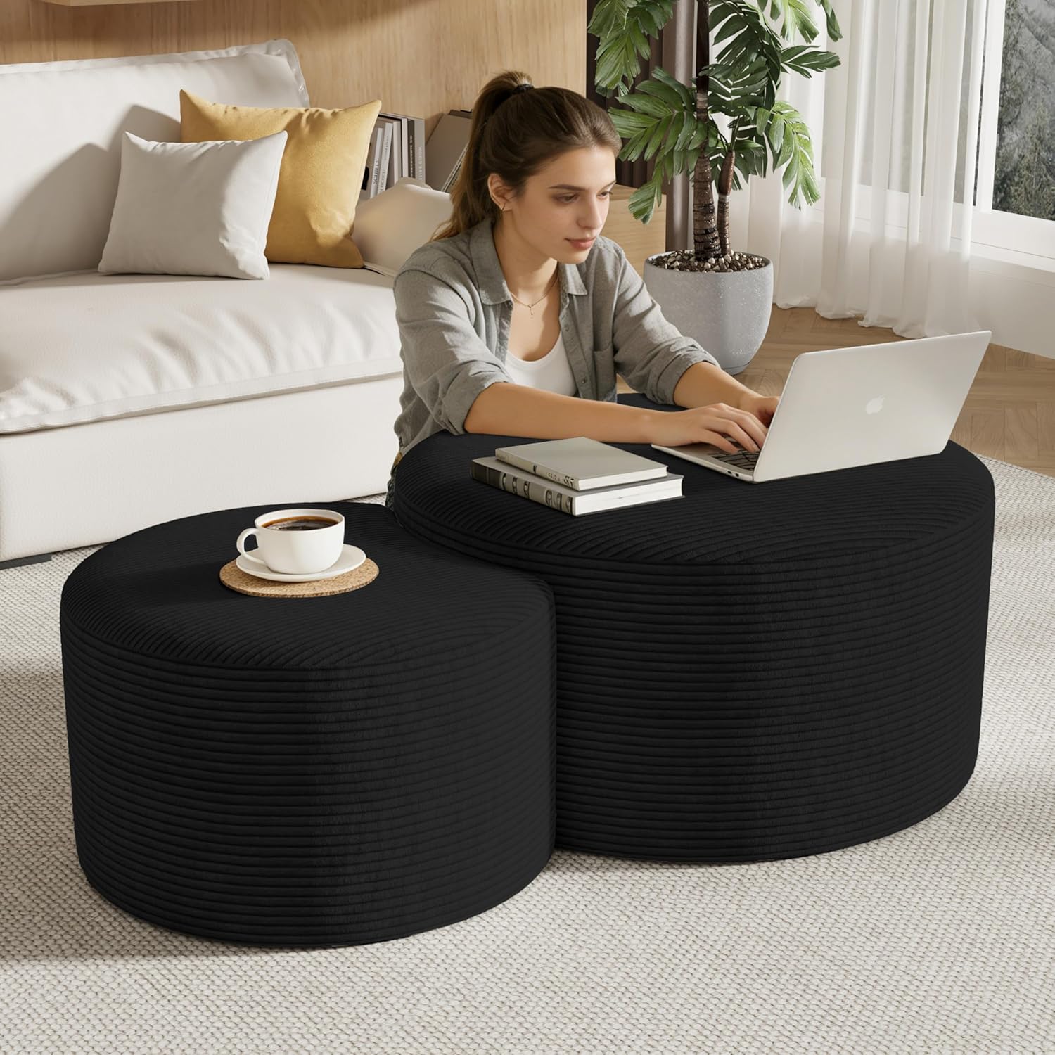 Round Nesting Coffee Table Set of 2,Upholstered Foam Ottoman Footrest Side Table Set,Modern Flannel Circle Coffee Table No Assembly for Living Room Entryway Bedroom,Black