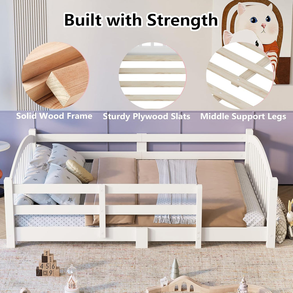 Merax Full Montessori Floor Bed with Safety Guardrails – Solid Wood Kids Bed with Slats & Fence and Without Door, No Box Spring Needed, White