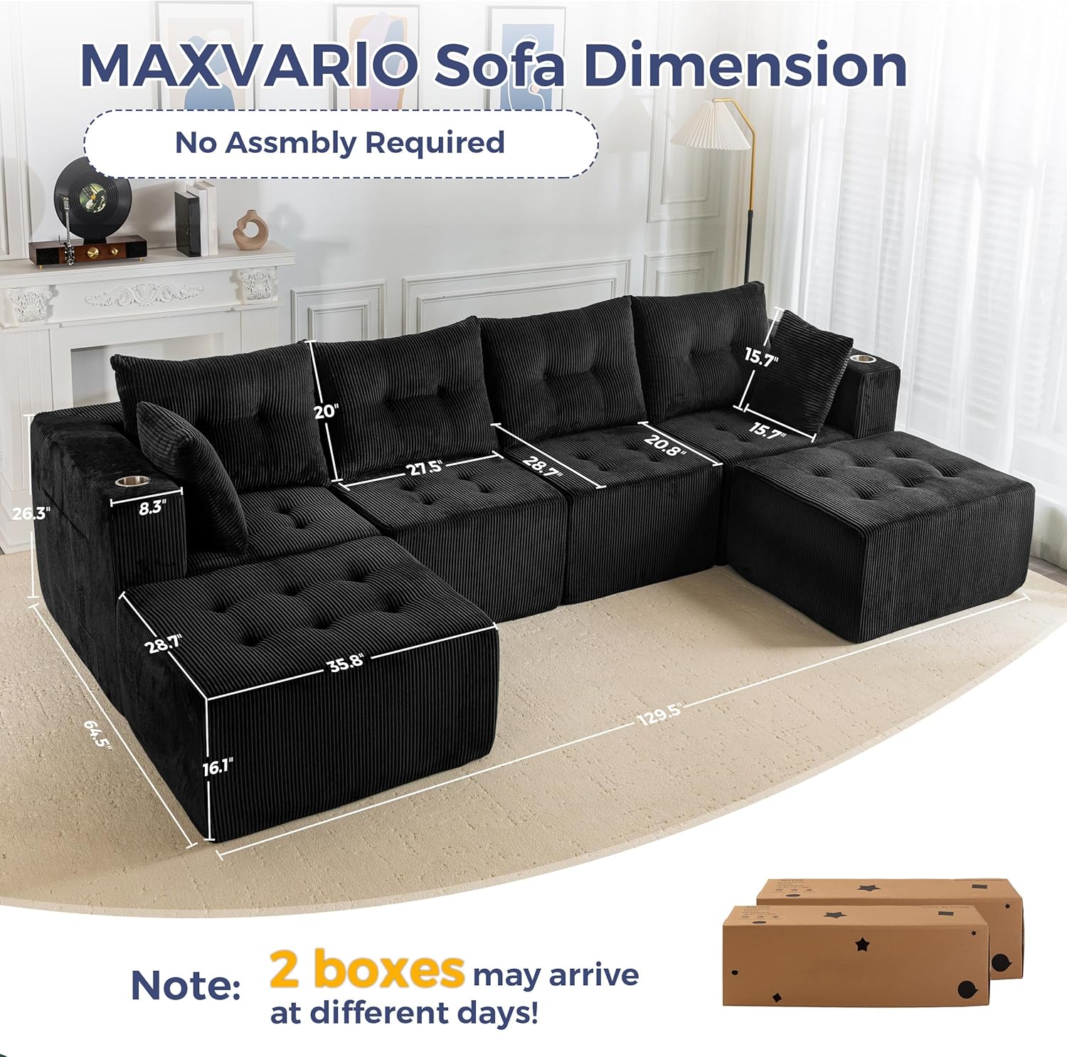 MAXYOYO 129.5" Modular Sectional Sofa Couch, U Shaped Modern Cloud Couch with 2 Ottomans, Sofa in A Box, Tufted 6-Seat Boneless Sleeper Chair for Living Room, No Assembly Required, Black