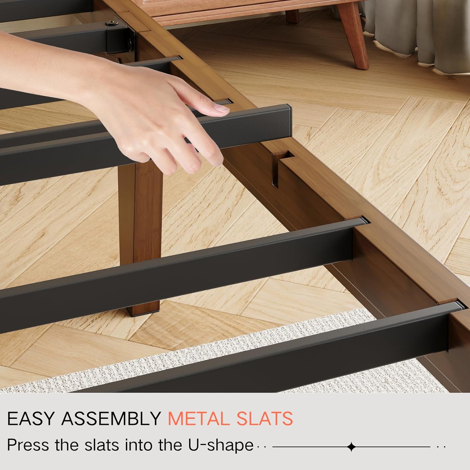 14 Inch High Solid Bamboo Wood Queen Bed Frame with Headboard, Heavy Duty Steel Slat Support, No Box Spring Needed, Easy Assembly