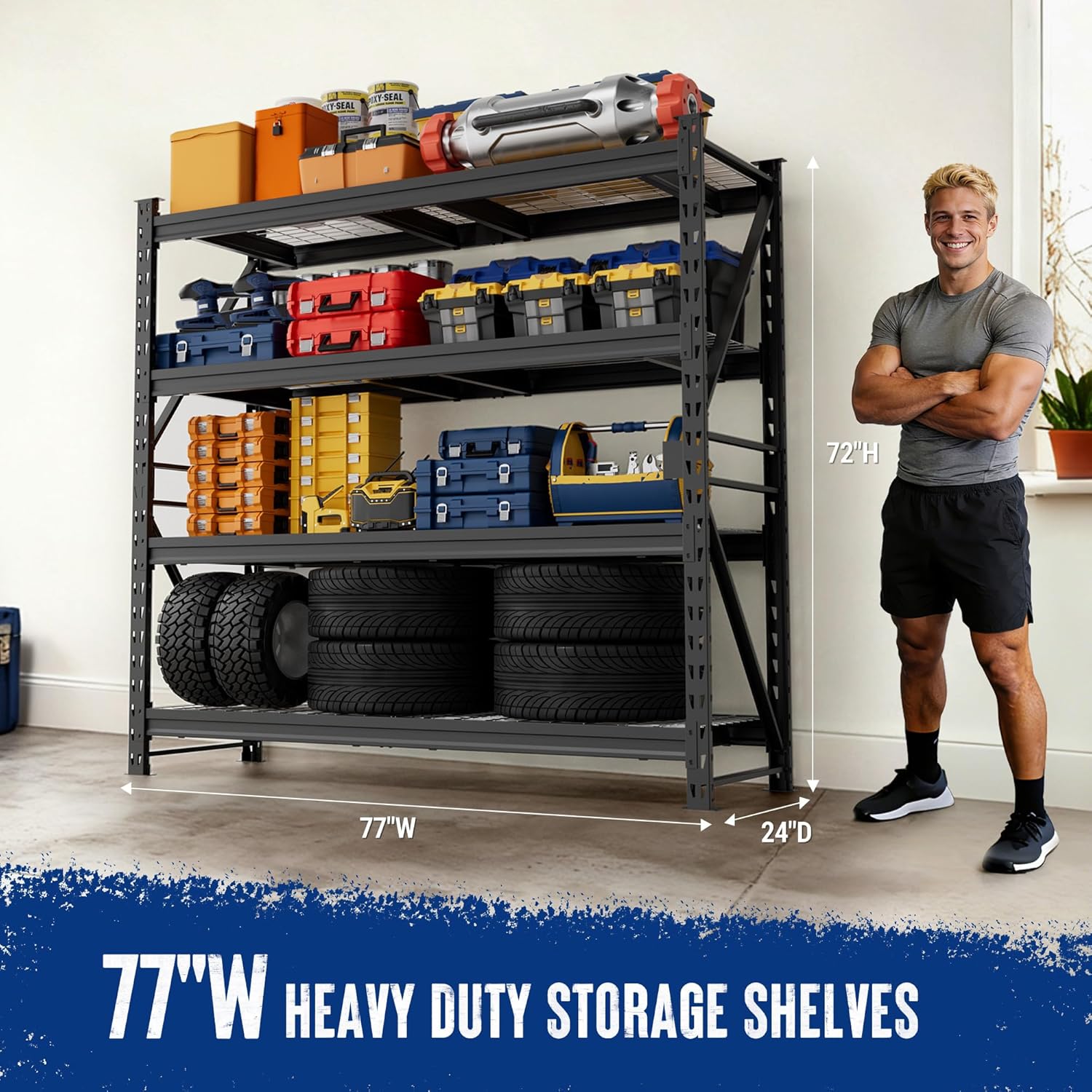 WORKPRO 77" Extra-Width Garage Shelving Units, 6400LBS Heavy Duty Utility Shelves, 4 Tier Industrial Adjustable Metal Storage Rack for Warehouse Shop Basement Organizers, 77”W x 24”D x 72”H
