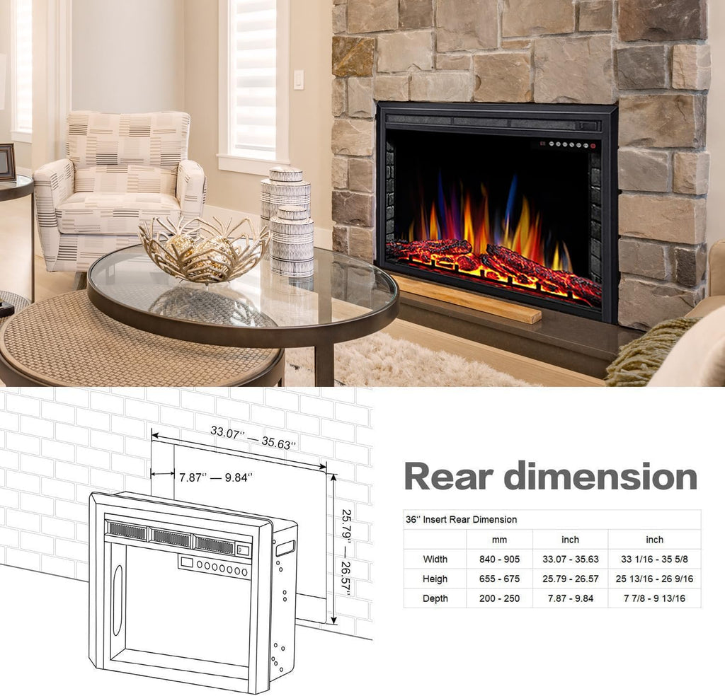 36" Electric Fireplace Insert,Recessed Electric Stove Heater,Touch Screen,Remote Control,750W-1500W with Timer & Colorful Flame Option (36" X 27")