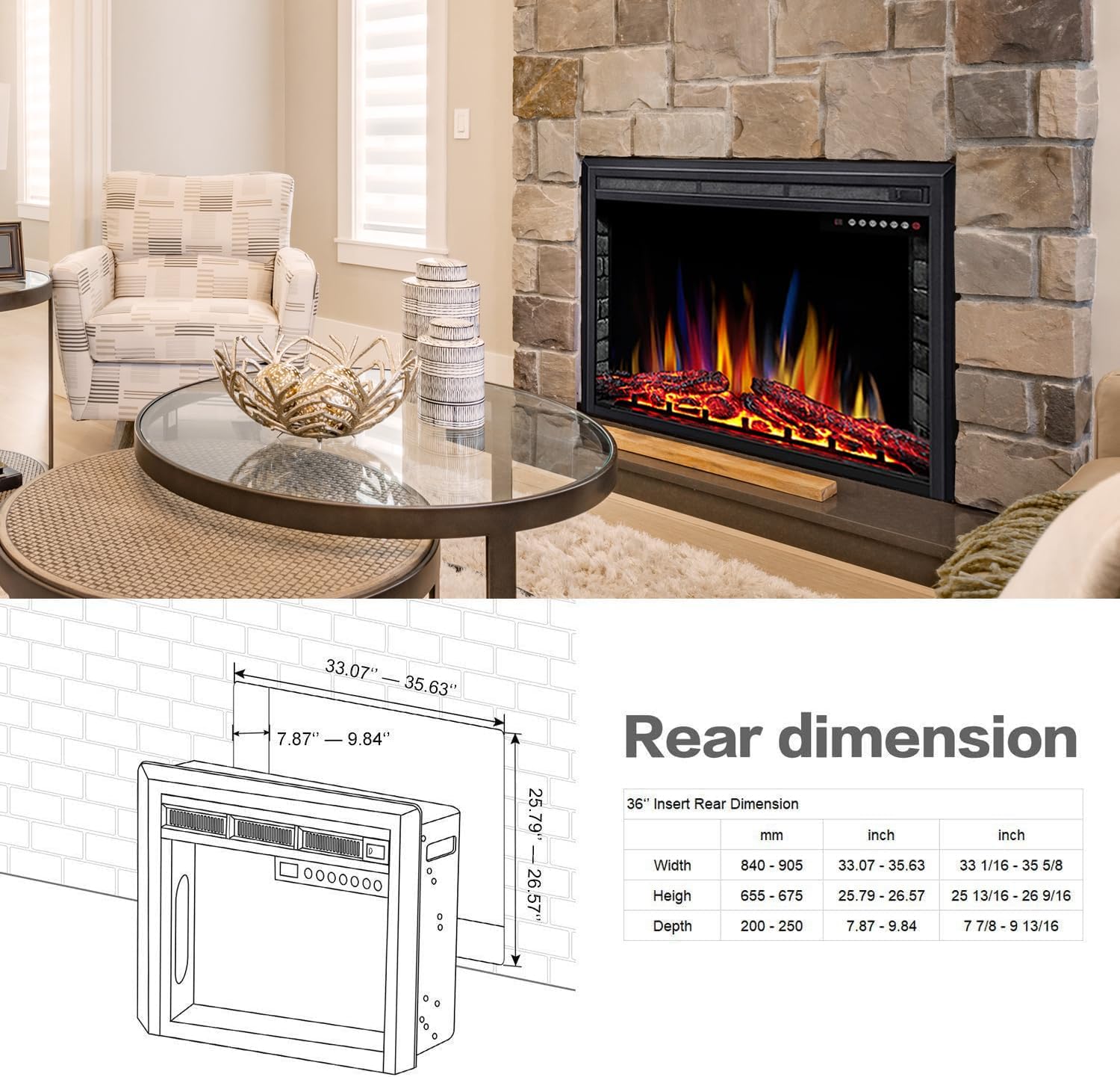 36" Electric Fireplace Insert,Recessed Electric Stove Heater,Touch Screen,Remote Control,750W-1500W with Timer & Colorful Flame Option (36" X 27")