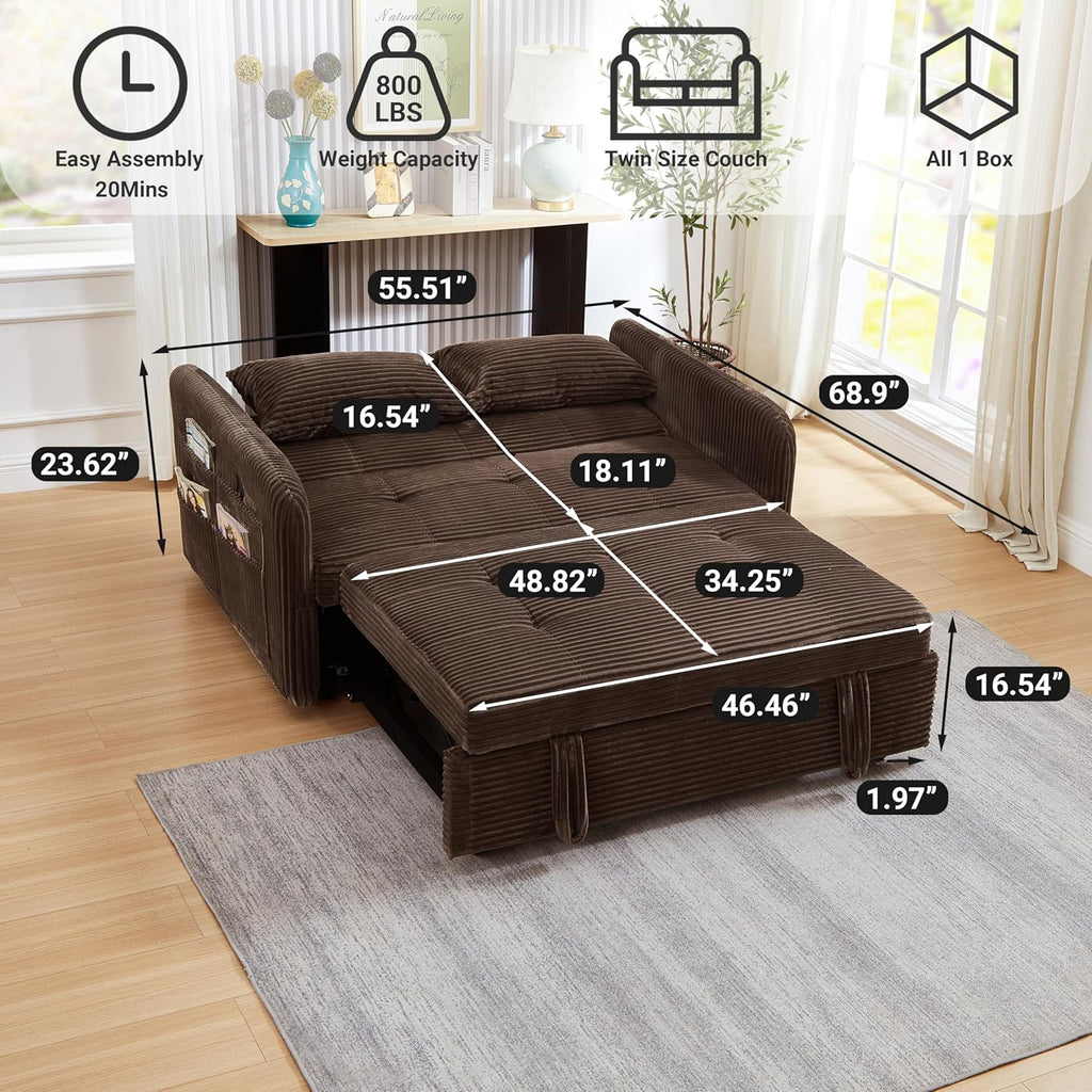 55.5" Corduroy Convertible Sofa Bed, Pull Out Sleeper Sofa Bed, Loveseat Couch with USB Charging Ports, 3 in 1 Convertible Sleeper Sofa Bed for Living Room, Apartment, Bedroom, RV, Beige