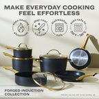 Farberware Forged Induction Ceramic Nonstick Pots and Pans Set with Lids and Kitchen Cooking Tools - Dishwasher Safe, Suitable for All Stovetops, 12 Piece Cookware Set - Black and Gold