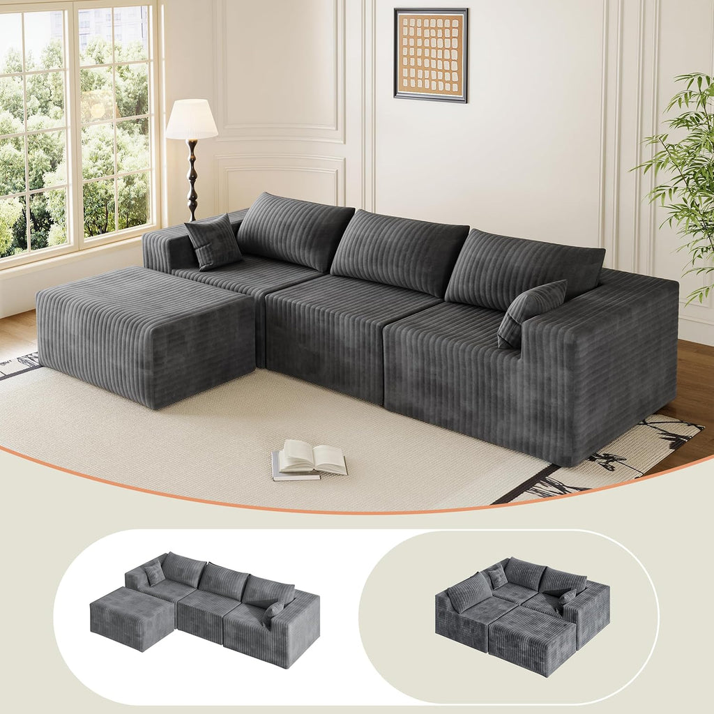 110" Boneless Couches for Living Room Cloud Couch Modular Sectional Sofa with Deep Seat Plush Large Foam Sofa L-Shape Sofa Couch,No Assembly Required, Carbon Gray(Plush Corduroy Fabric)