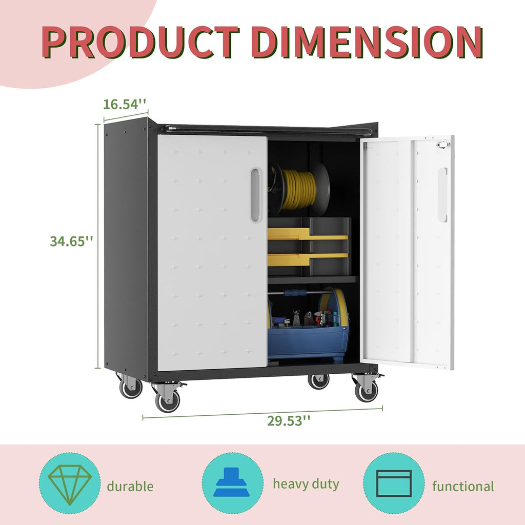 Garage Tool Storage Cabinet,Mobile Heavy Duty Metal Tool Chests & Cabinets with Lockable Doors,Black & Gray Rolling Tool Cabinets with Wheels,Assembly Required