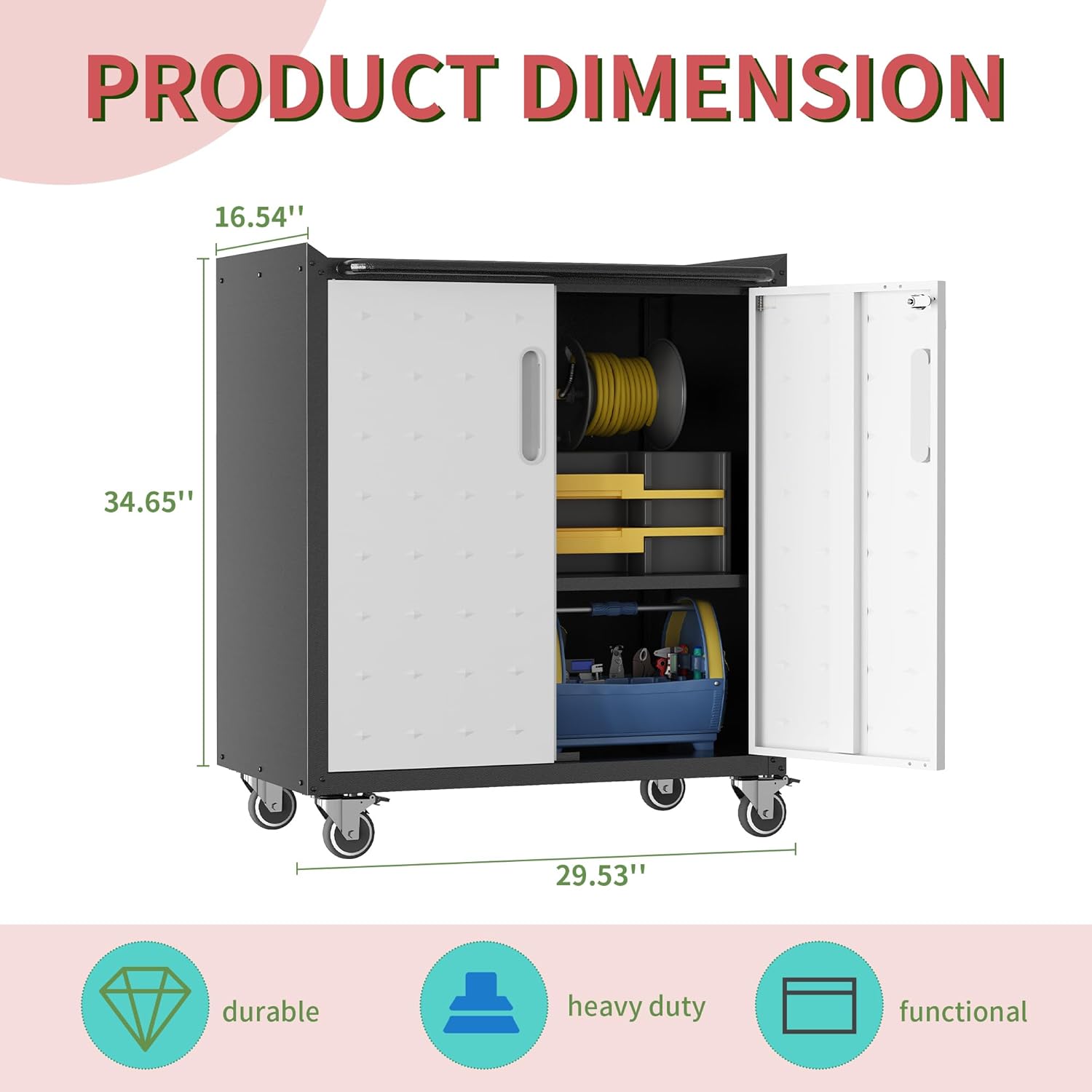 Garage Tool Storage Cabinet,Mobile Heavy Duty Metal Tool Chests & Cabinets with Lockable Doors,Black & Gray Rolling Tool Cabinets with Wheels,Assembly Required