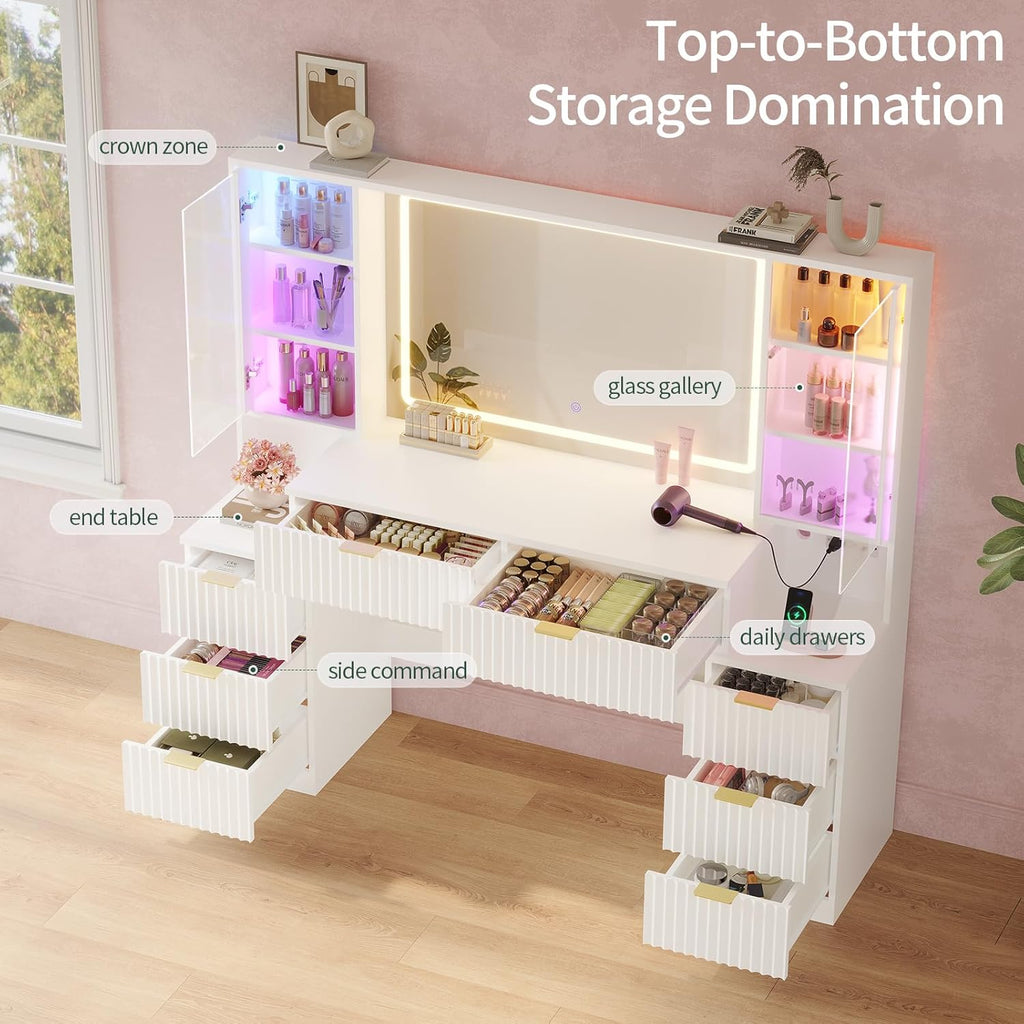 Big Vanity, Fluted Wood Makeup Vanity Desk with Mirror and Sound Sync LED Lights, Large Vanity Dressing Table, 8 Drawers, Charging Station for Girls, Women (White, 59.1" Width)