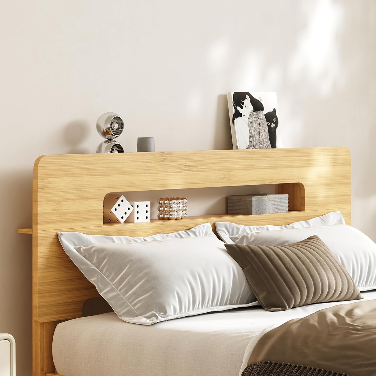 COMASACH Bamboo Wood Queen Bed Frame with Storage Headboard,14 Inch High Solid Queen Size Bed Frame, Metal Slats Support, Heavy Duty, No Box Spring Needed