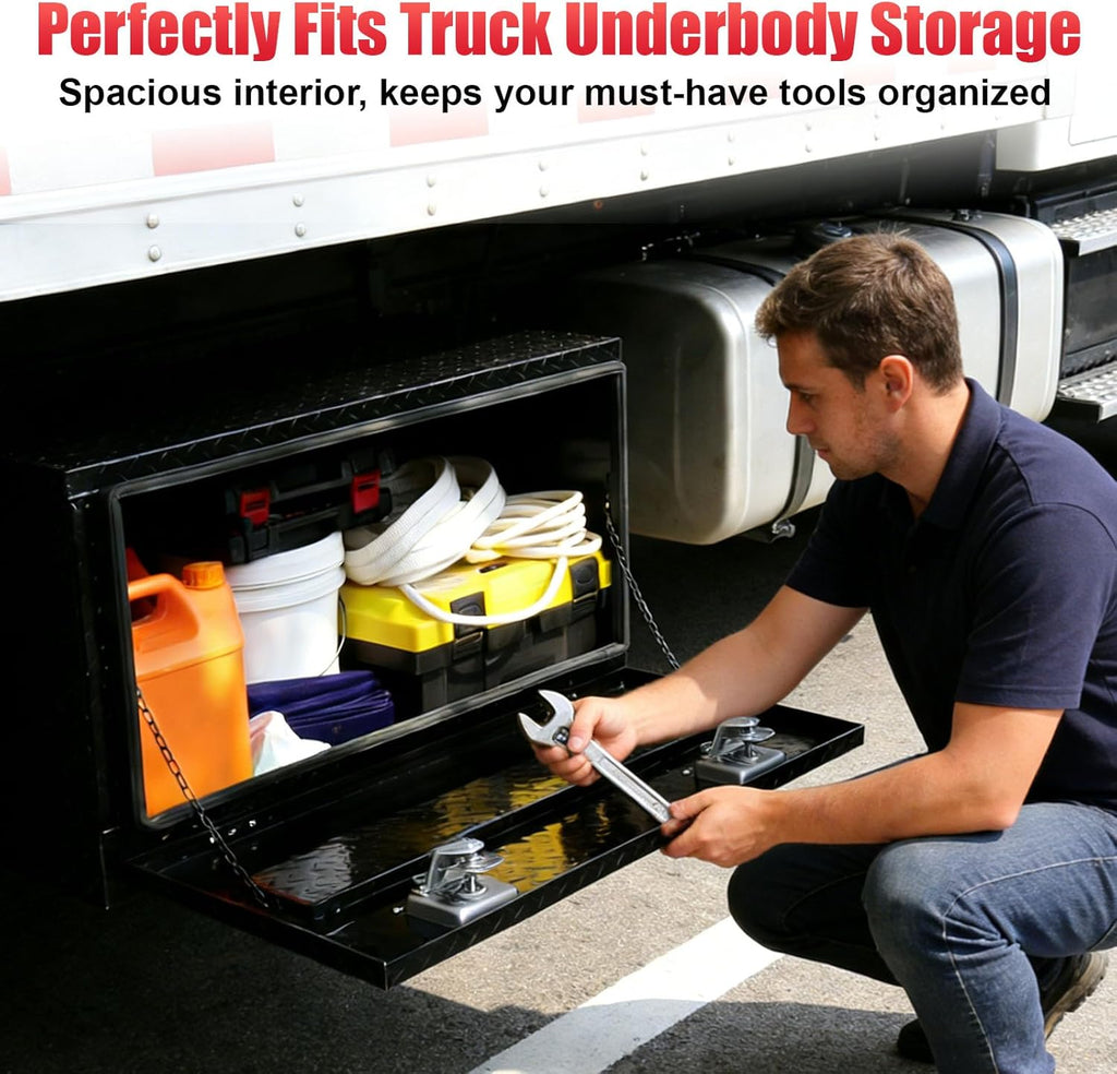 FORWODE 36x17x18 Inch Underbody Truck Tool Box Aluminum Trailer Tool Box with Lock & Foldable T-Handle Waterproof Truck Storage Box for Pickup Truck, Trailer, RV, ATV, Indoor（BLACK）