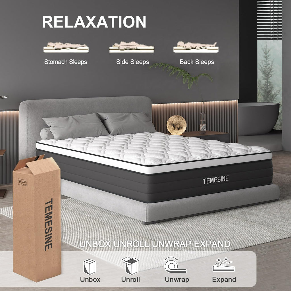 Queen Mattress, 14 Inch Hybrid Mattress in a Box with Individual Pocket Spring, Gel Memory Foam and Euro Top, Medium Firm Feel with Motion Isolation, Pressure Relief, Edge Support,Queen Size Black