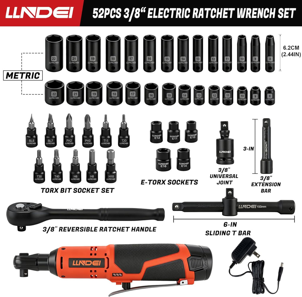 LLNDEI Cordless Electric Ratchet Wrench Set with Socket Set, 3/8" Ratchet, 40FT-LBS with Adjustable Speed, 1 Pack 2000mAh Lithium-Ion Battery and Charger, 52pcs