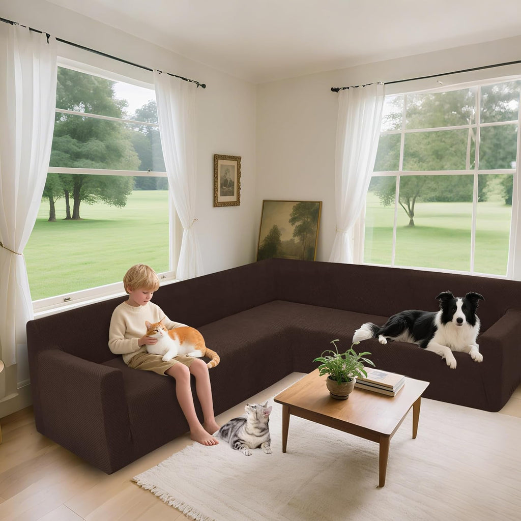 Arfntevss Stretch Sectional Couch Covers L Shaped Corner Sectional Sofa Cover Washable Jacquard Soft Fleece U Shape Sofa Slipcovers Anti Slip Furniture Protector for Dogs Pets (Small, Dark Brown)
