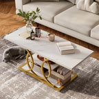 GiftGo Rustic Coffee Table with Storage Modern 3 Tier Center Living Room Table Faux Marble Wooden Rectangle Cocktail Tea Table for Office Bedroom Elegant Full Moon Design (White Gold, L-47)