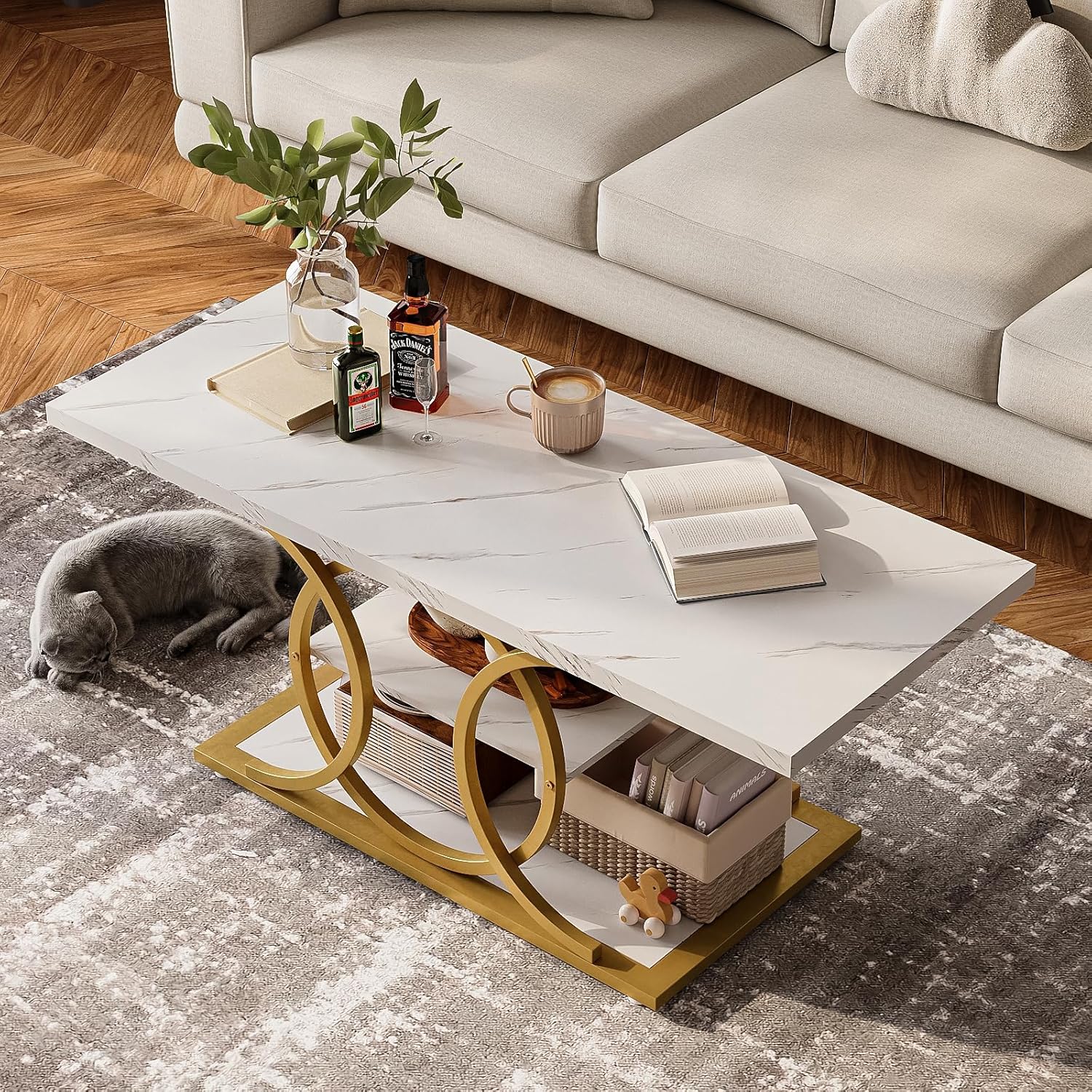 GiftGo Rustic Coffee Table with Storage Modern 3 Tier Center Living Room Table Faux Marble Wooden Rectangle Cocktail Tea Table for Office Bedroom Elegant Full Moon Design (White Gold, L-47)