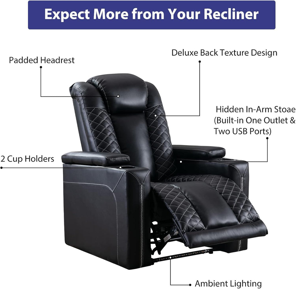 CANMOV Electric Power Recliner Chairs with USB Ports and Cup Holders, Breathable Faux Leather Home Theater Seating Recliner with Hidden Arm Storage, Ambient Lighting, Black