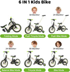 JMMD 6 in 1 Toddler Bike with Push Handle for Kids 18-60 Months, 12" Foldable Balance Bike with Training Wheels, Pedals, Brakes, Kickstand, Push Tricycle Toddler Gift & Toys for Boy & Girl