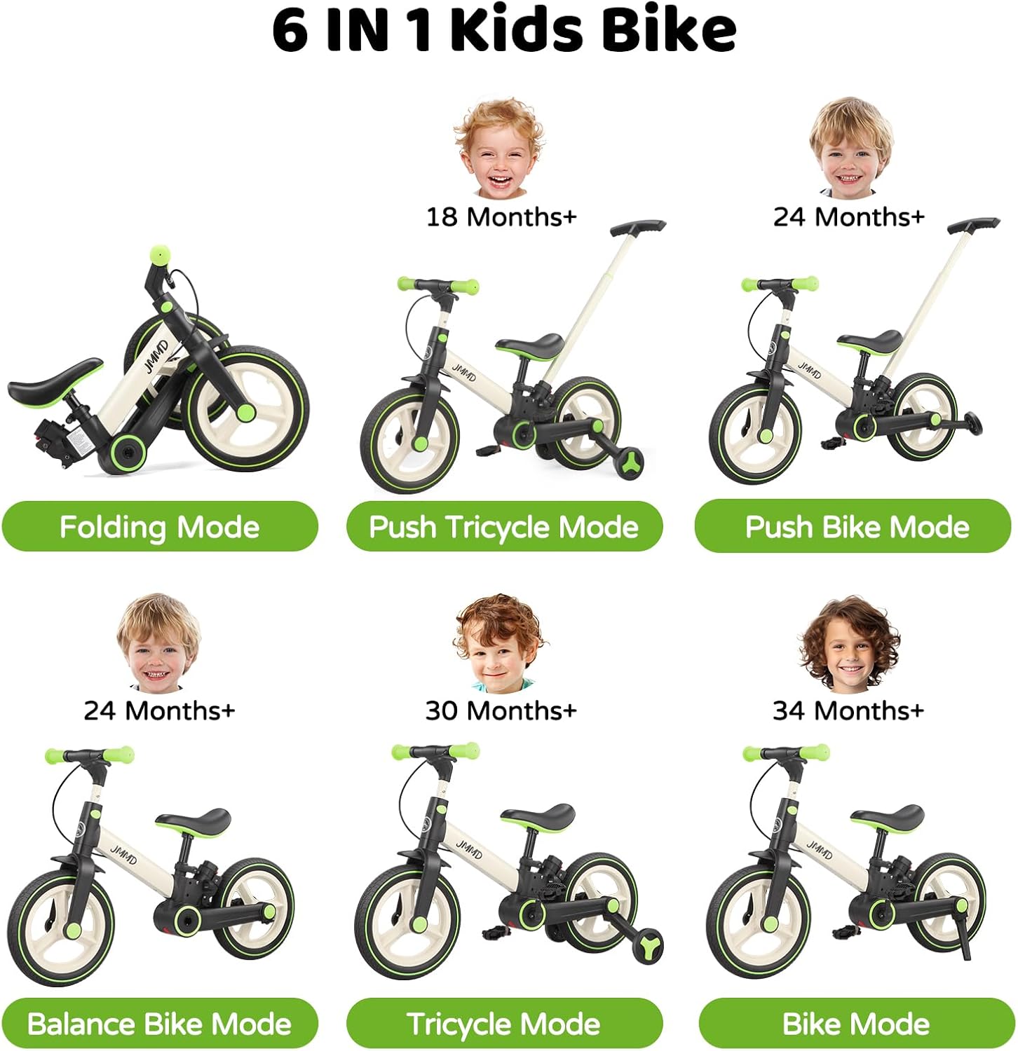 JMMD 6 in 1 Toddler Bike with Push Handle for Kids 18-60 Months, 12" Foldable Balance Bike with Training Wheels, Pedals, Brakes, Kickstand, Push Tricycle Toddler Gift & Toys for Boy & Girl