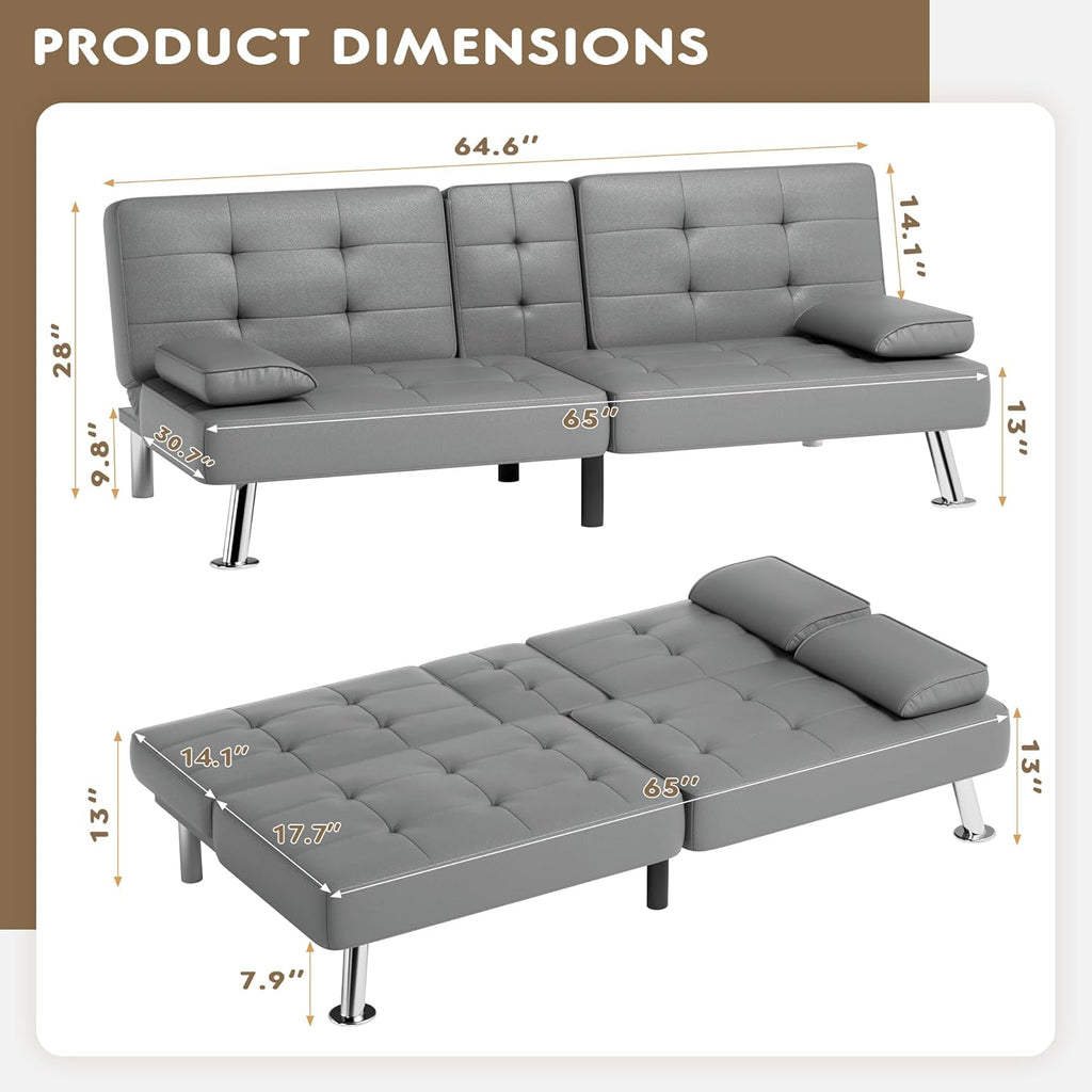 Homall Futon Sofa Bed, Leather Futon Couch with Removable Armrests, Adjustable Recliner Sleeper Sofa Bed with Dual Cup Holders for Living Room, Apartment, Office (Gray)