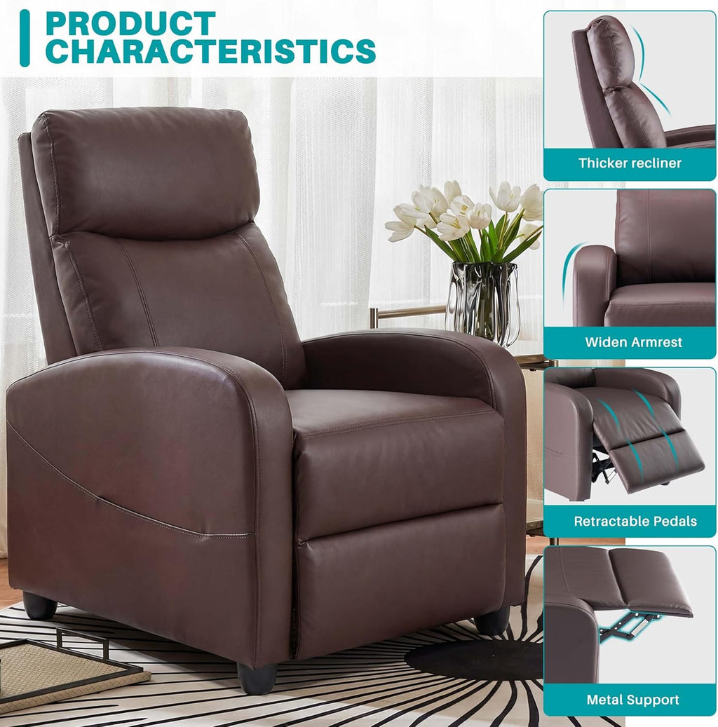 Sweetcrispy Recliner Chair PU Leather Recliner Sofa No Massage, Home Theater Seating with Lumbar Support, Adjustable Push Back Overstuffed High-Density Sponge Reclining for Living Room, Brown