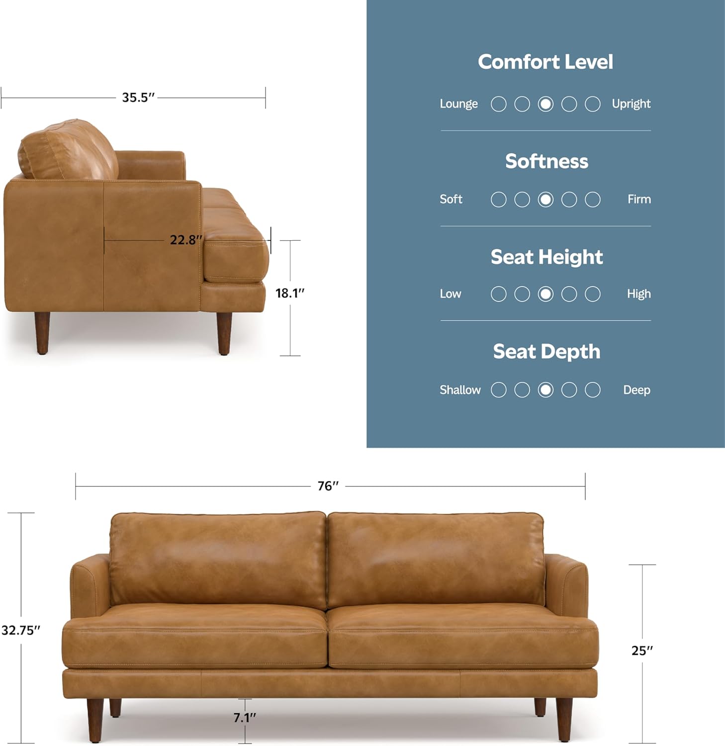 SIMPLIHOME Livingston Sofa - 76 inch Wide Top Grain Genuine Leather Sofa in Sienna, Mid-Century Modern Loveseat for Living Room with Removable Feather-Wrapped Cushions and Solid Wood Frame
