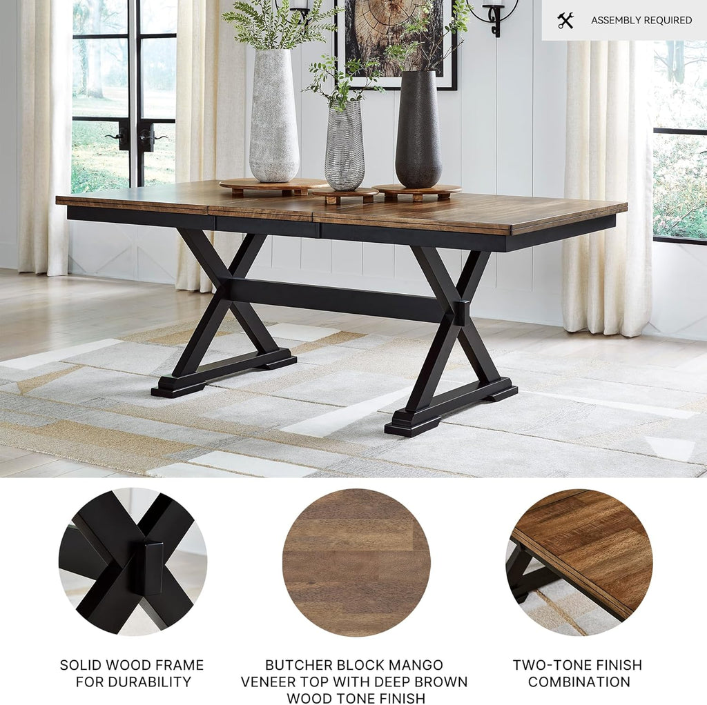 Signature Design by Ashley Wildenauer Farmhouse Dining Extension Table, Dark Brown & Black