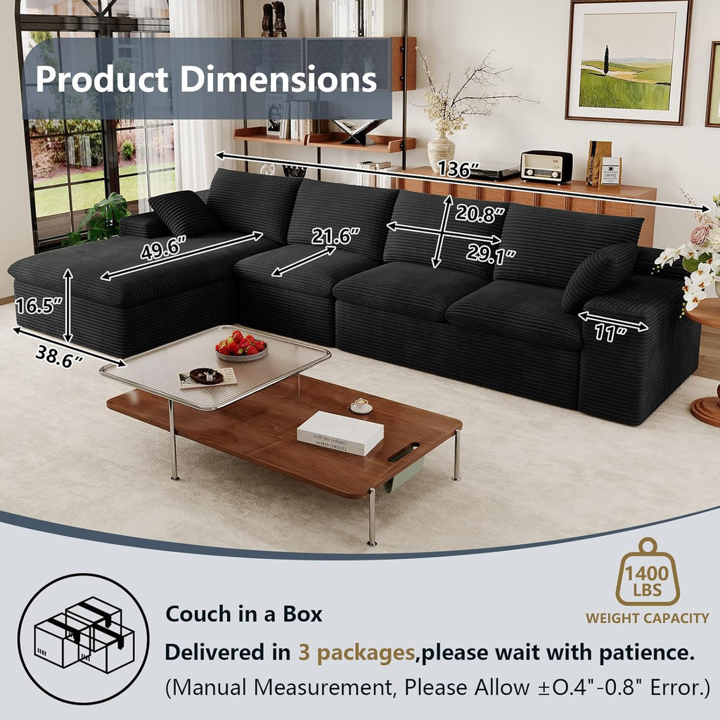 136" Cloud Modular Sectional Couch with L-Shaped Chaise,Corduroy Boneless Sofa,Memory Foam Couches in a Box with Deep Seat for Living Room,No Assembly Required (Black,Left-Facing Chaise)