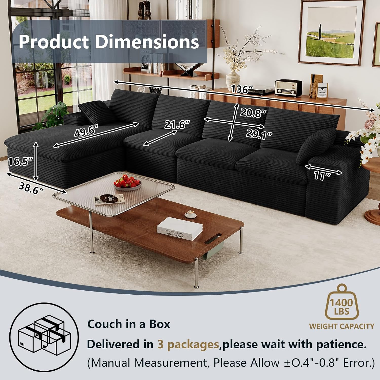 136" Cloud Modular Sectional Couch with L-Shaped Chaise,Corduroy Boneless Sofa,Memory Foam Couches in a Box with Deep Seat for Living Room,No Assembly Required (Black,Left-Facing Chaise)