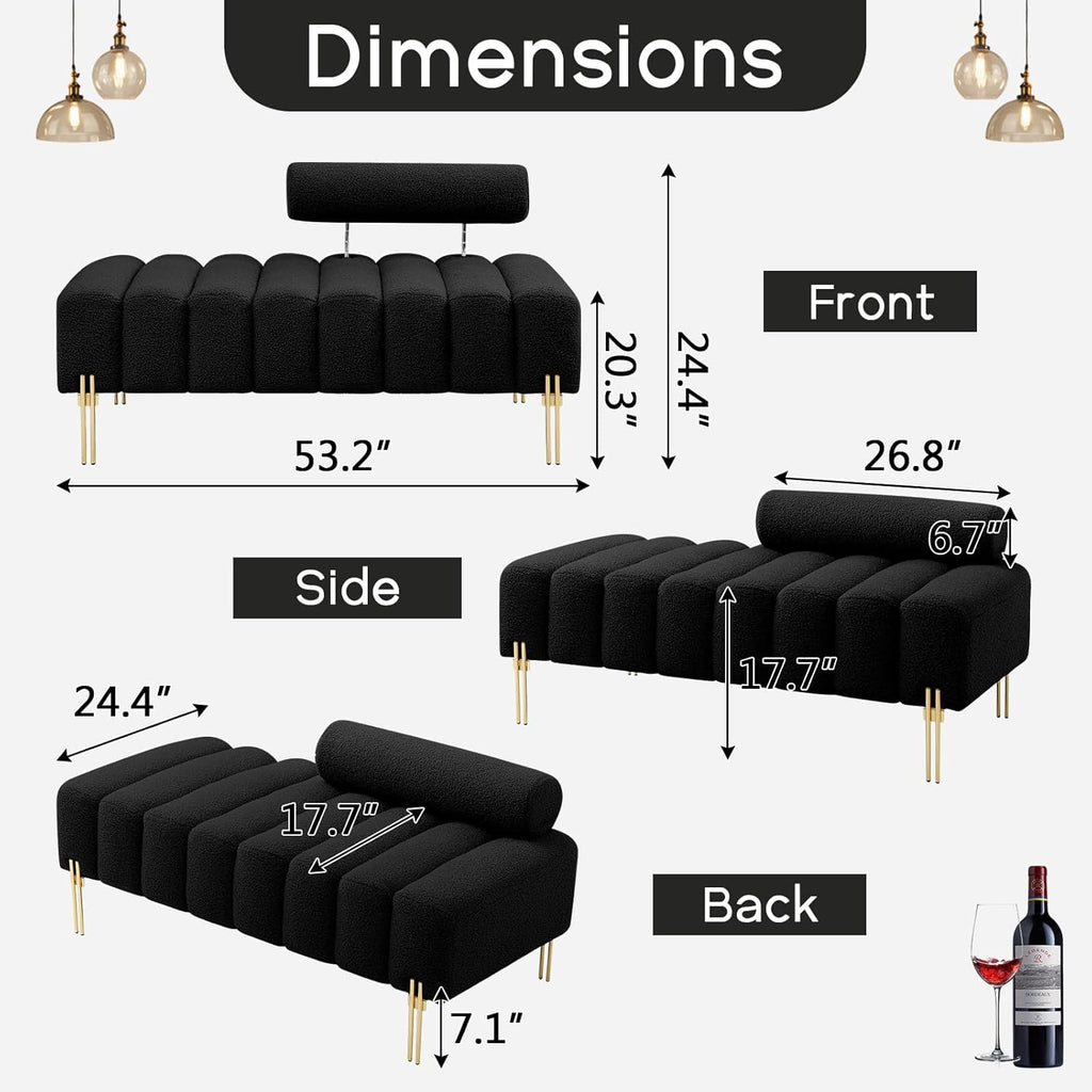 NIOIIKIT 53.2" Modern Loveseat Sofa Couch, Upholstered Accent Sofa with Golden Legs and Adjustable Backrest, Small Teddy Fleece Couches for Bedroom, Living Room, Compact Small Space (Black Teddy)