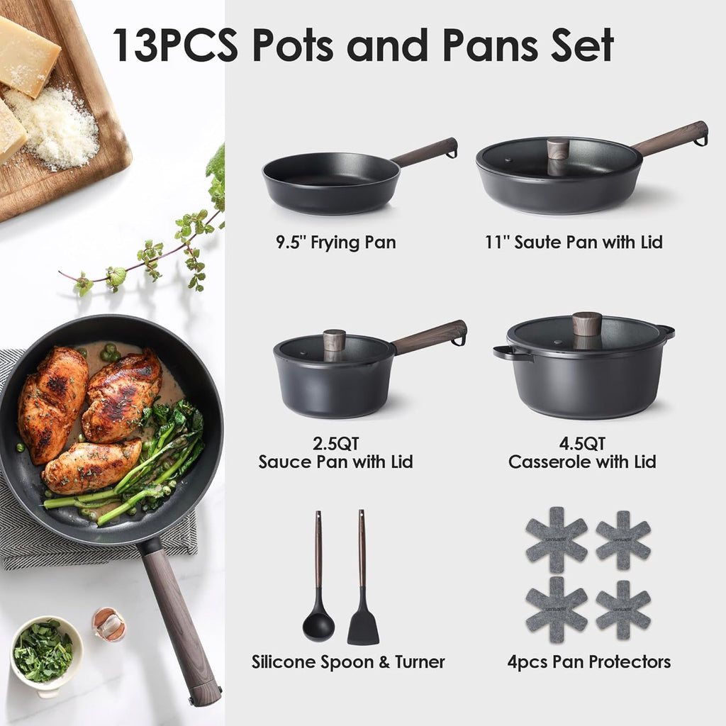 SENSARTE 14Pcs Pots and Pans Set Nonstick Cookware Set Kitchen Cooking Frying Pans with Stay-cool Handle, Dishwasher Safe, Induction Compatible, PFOA/PFOS Free, Black