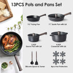 SENSARTE 14Pcs Pots and Pans Set Nonstick Cookware Set Kitchen Cooking Frying Pans with Stay-cool Handle, Dishwasher Safe, Induction Compatible, PFOA/PFOS Free, Black