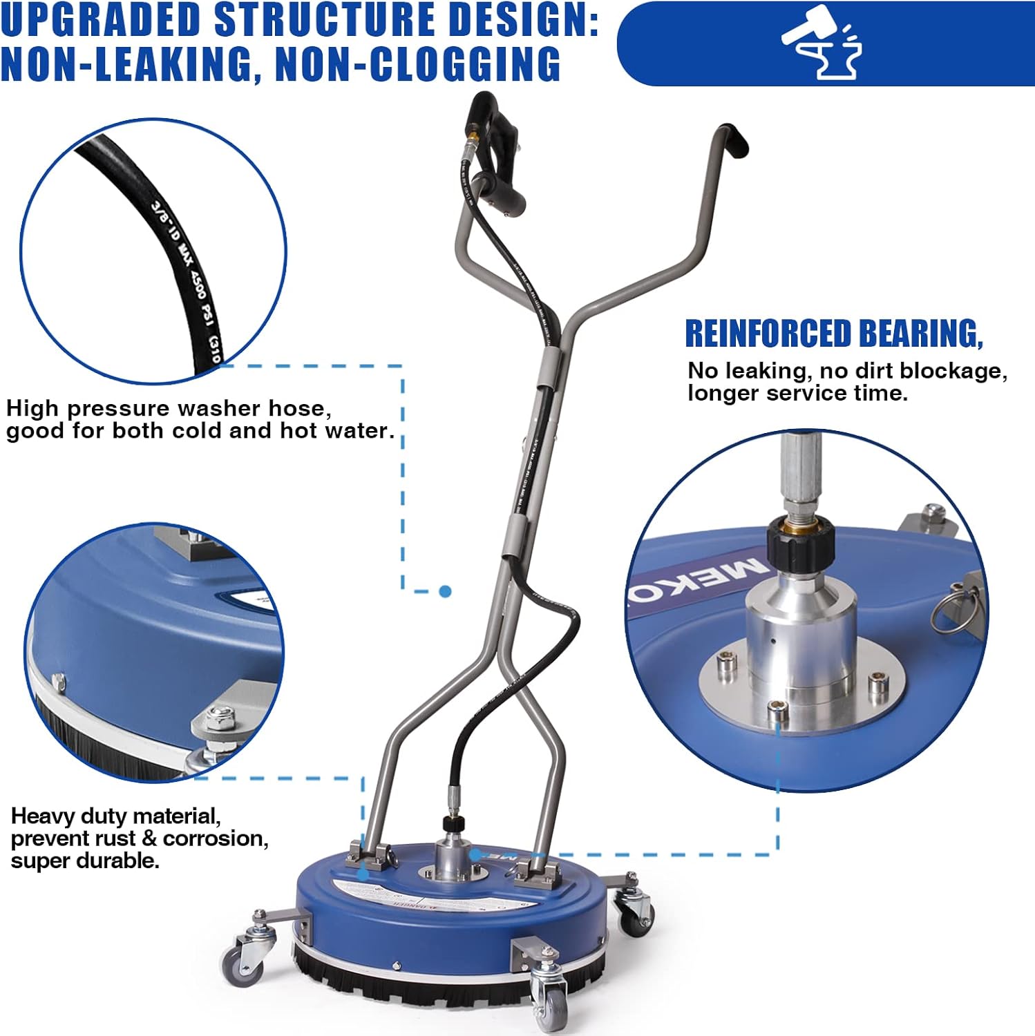 MEKOH Pressure Washer Surface Cleaner 20''  4500PSI Power Washer Surface Cleaner Attachment with Wheels  Pressure Washer Accessory for Driveway Sidewalk Curb Deck Patio Cleaning  3/8'' Quick-Connect