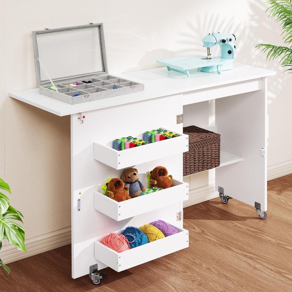 VIVOHOME Folding Sewing Craft Table, Rolling Sewing Machine Desk with Storage Shelves, Sewing Cabinet with Lift for Small Spaces, White