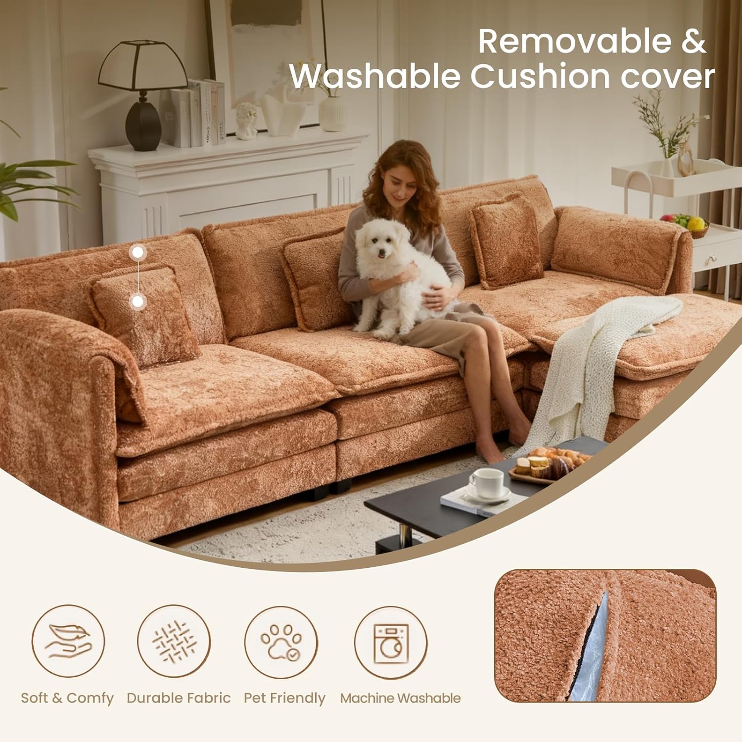 147.8" U Shaped Modular Sectional Sofa, Comfy Cloud Couch with Movable Ottoman, Deep Seat Modular Sofa, Sectional Couches for Living Room, Bedroom, Apartment (Orange)