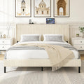 King Size Bed Frame,Upholstered Platform Bed Frame King Size with Vertical Channel Tufted Wingback Headboard/Charging Station/LED Light,Heavy Duty Metal Slats,No Box Spring Needed,Easy Assembly,Beige