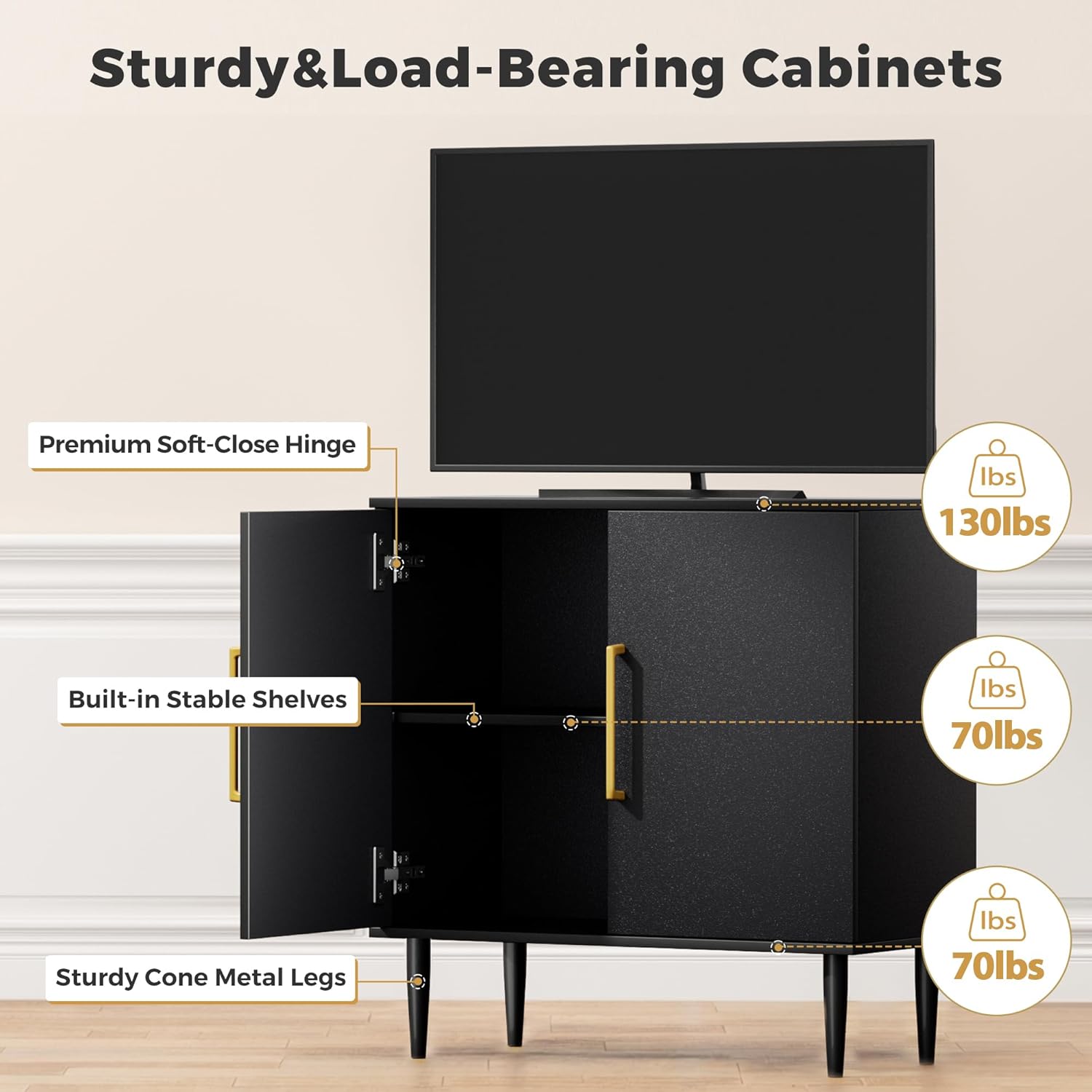 Vrullu Modern Storage Cabinet, Free Standing Buffet Cabinet, Black Sideboard and Buffet Storage, Wood Accent Furniture for Living Room, Hallway, Entryway, Dining Room (1, Black) | Modern, Sideboard, Buffet Storage, with Doors, Accent Cabinet, 1