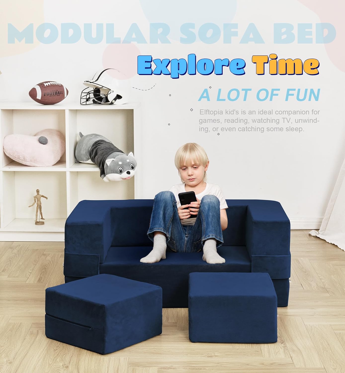 Elftopia Modular Kids Sofa,Toddler Couch Foam Armchair for Kids, Children Convertible Plush Sofa Play Set,Fold Out SofaBed(Navy)