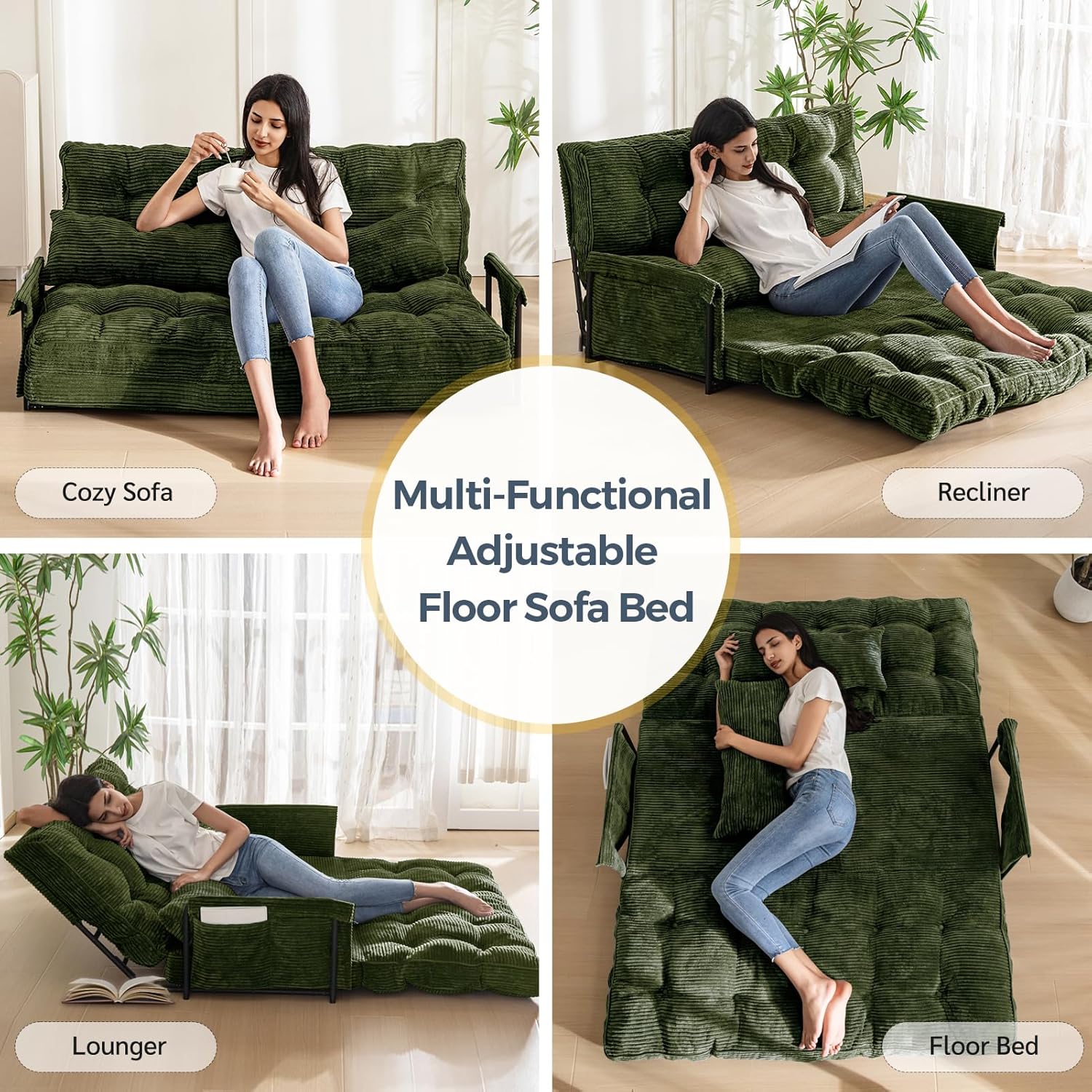 MAXYOYO Adjustable Floor Sofa Couch with 2 Pillows, Multi-Functional Bean Bag Bed, 5-Position Foldable Lazy Sofa Sleeper Bed with Armrest, Versatile Floor Seating for Reading, Dark Green, Double