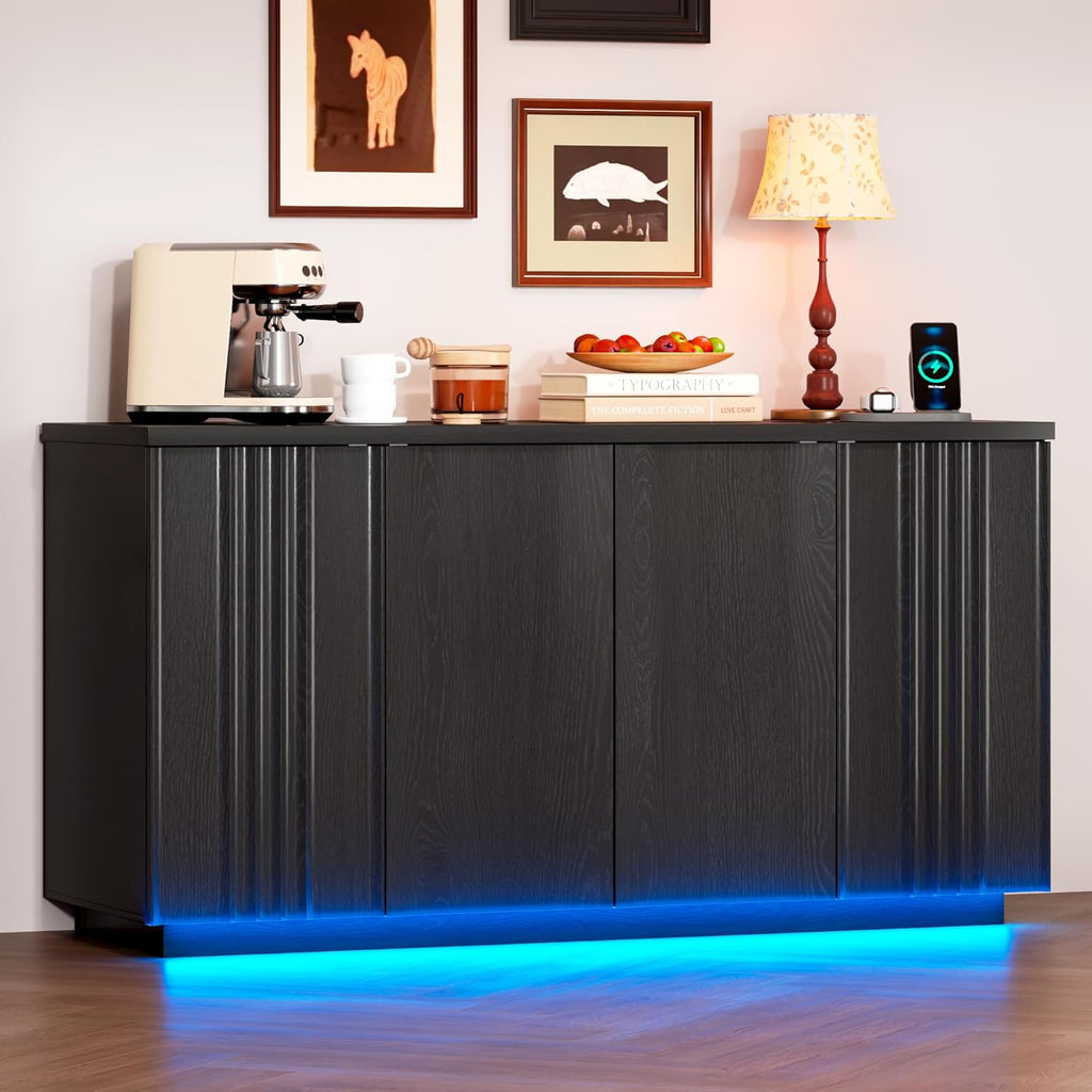 63'' Buffet Cabinet with Storage, Coffee Bar with 4 Doors & 2 Adjustable Shelves, Modern Sideboard Table with 3 Color LED Light for Kitchen (Black)