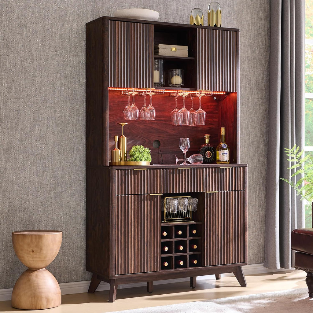 OKD 72" Tall Fluted Coffee Bar Cabinet with Ample Storage, Modern Buffet Sideboard with Glass Holder/Wine Rack/Led Lights/Charging Station, Wine Cabinet for Kitchen, Dining Room, Home Bar, Dark Walnut