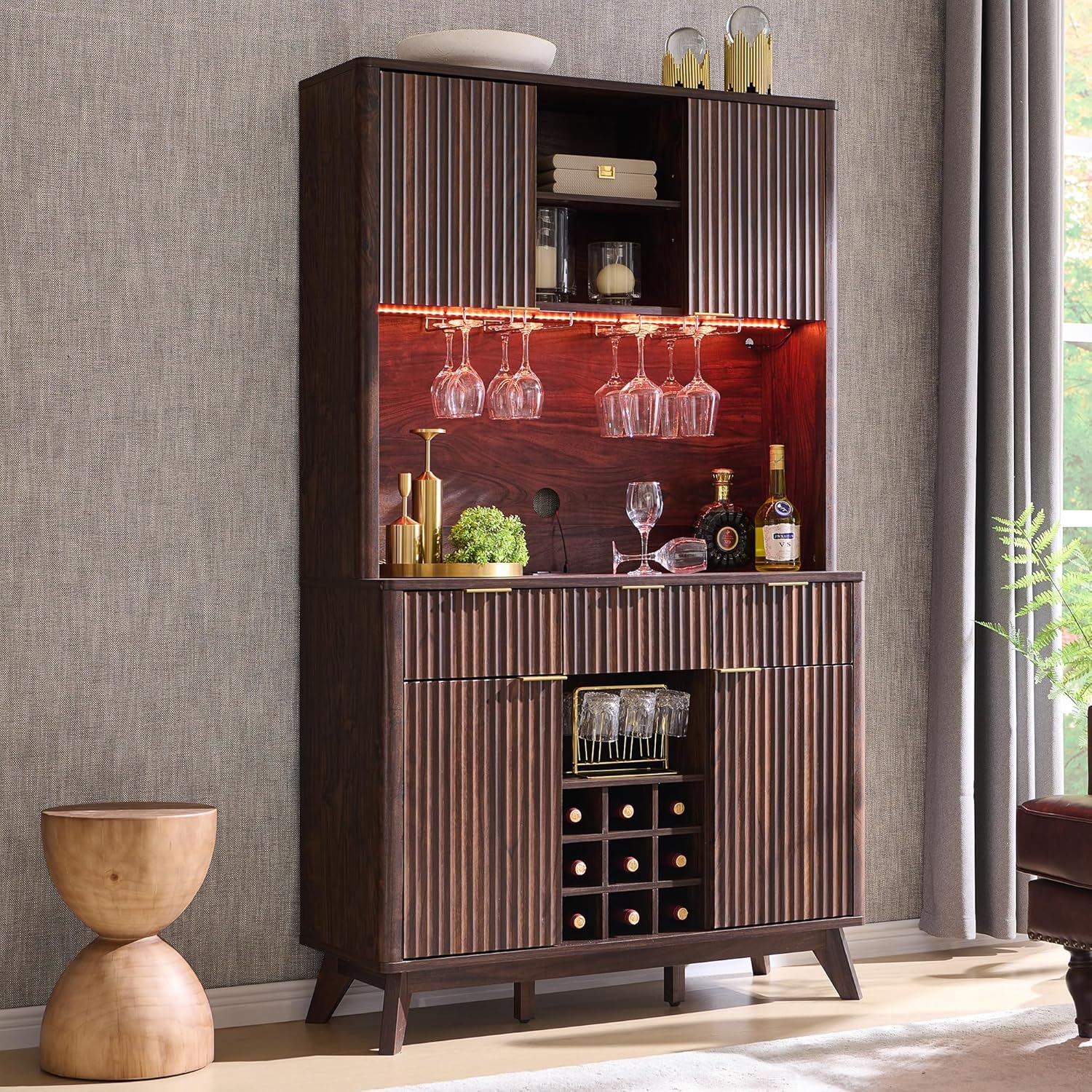 OKD 72" Tall Fluted Coffee Bar Cabinet with Ample Storage, Modern Buffet Sideboard with Glass Holder/Wine Rack/Led Lights/Charging Station, Wine Cabinet for Kitchen, Dining Room, Home Bar, Dark Walnut