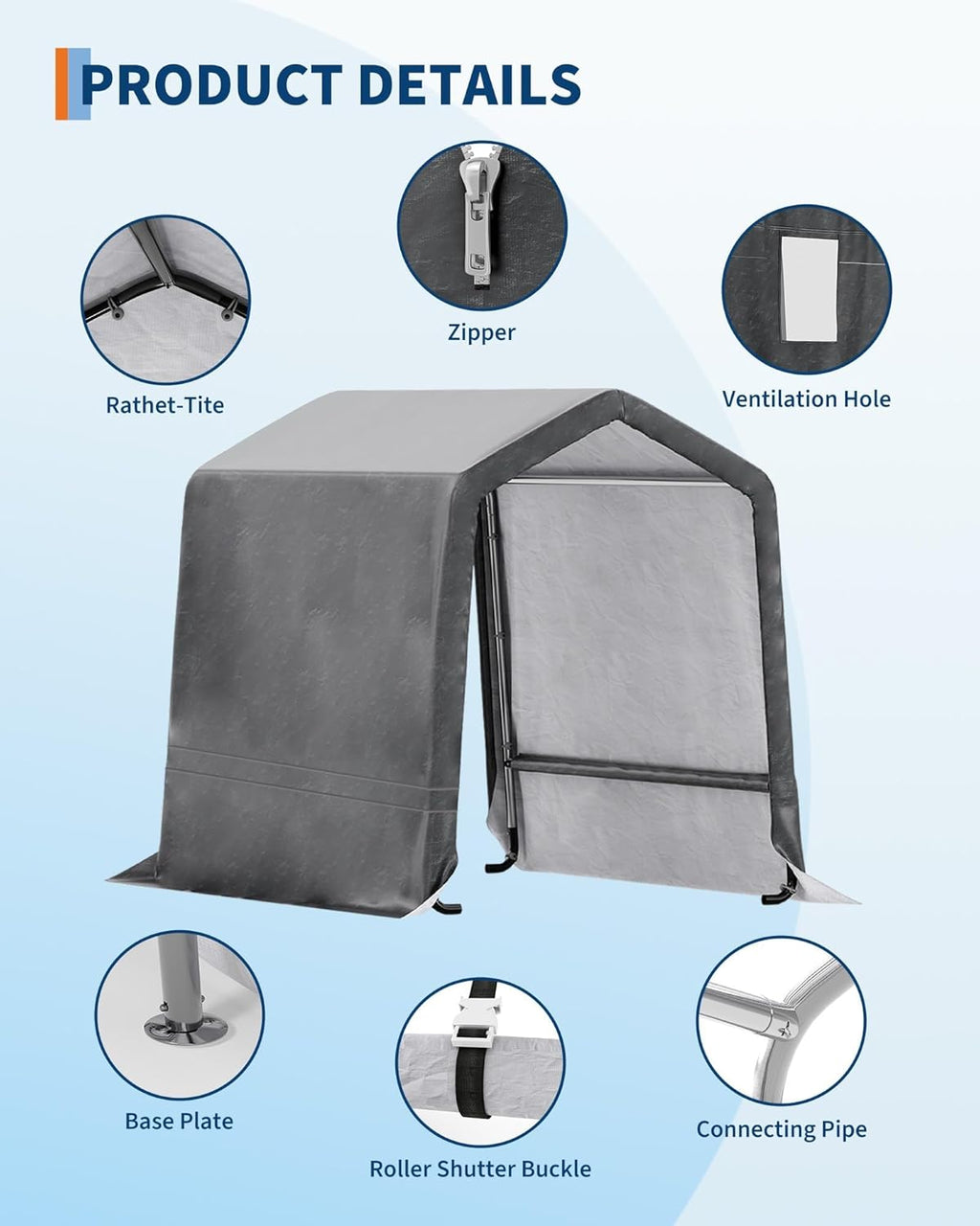 6x8FT Carport, Heavy Duty Motorcycle Shed with Waterproof PE Tarp, Portable Outdoor Storage Shed for Bikes and Firewood, All-Weather Car Shelter with Roll-Up Zipper Door, 6x8FT, Khaki