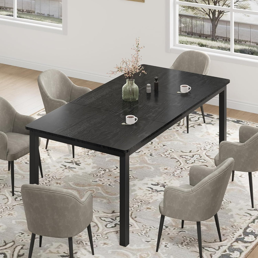 Garvee 79 in Dining Table for 6, Farmhouse Wooden Kitchen Tables for Family, Rectangular Industrial Style Dining Room Table with Sturdy Metal Frame, Long Desk for Restaurant, Kitchen, Office,Black
