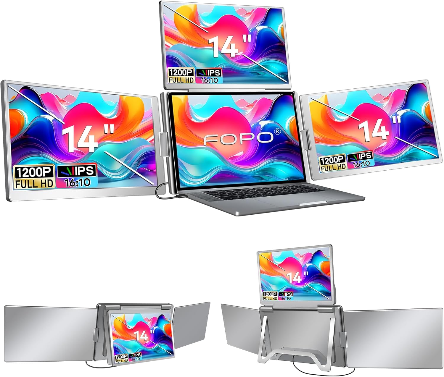 FOPO 14" Laptop Screen Extender  FHD 1200P IPS Monitor Extender  Just 1 Cable for 3 Screens Quad Monitor  Triple Extender for 12"-17.3" Laptops  Compatible with Windows 10/11 and Mac M1/M2/M3