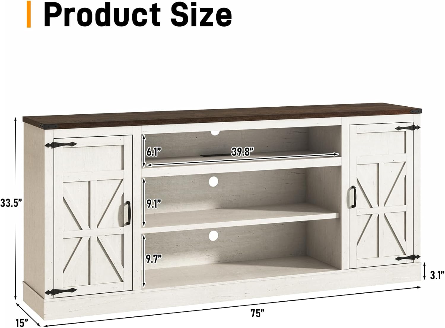 75" Farmhouse TV Stand with Power Outlets for 85 Inch TVs, 33" Tall Entertainment Center with Storage Cabinets w/Adjustable Shelves, Rustic Large TV Media Console, Rustic White